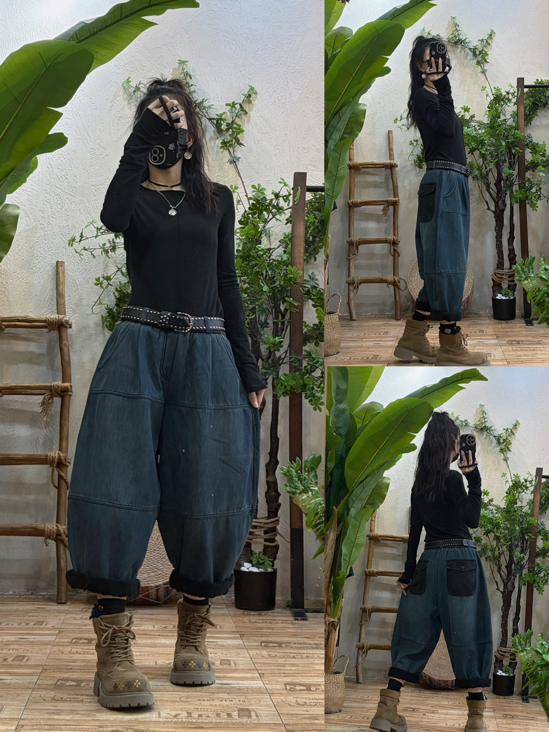 复古做旧加绒拼接牛仔裤女冬季新款宽松休闲显瘦个性哈伦裤九分裤