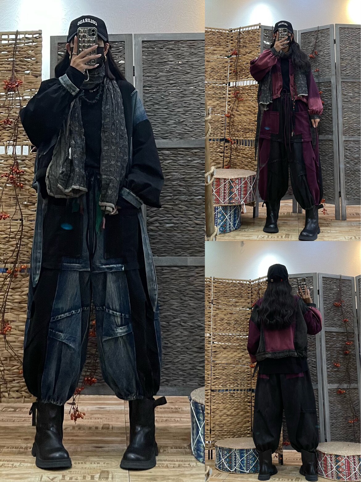 针织拼接牛仔外套灯笼休闲裤女2023秋季新款做旧水洗宽松休闲套装