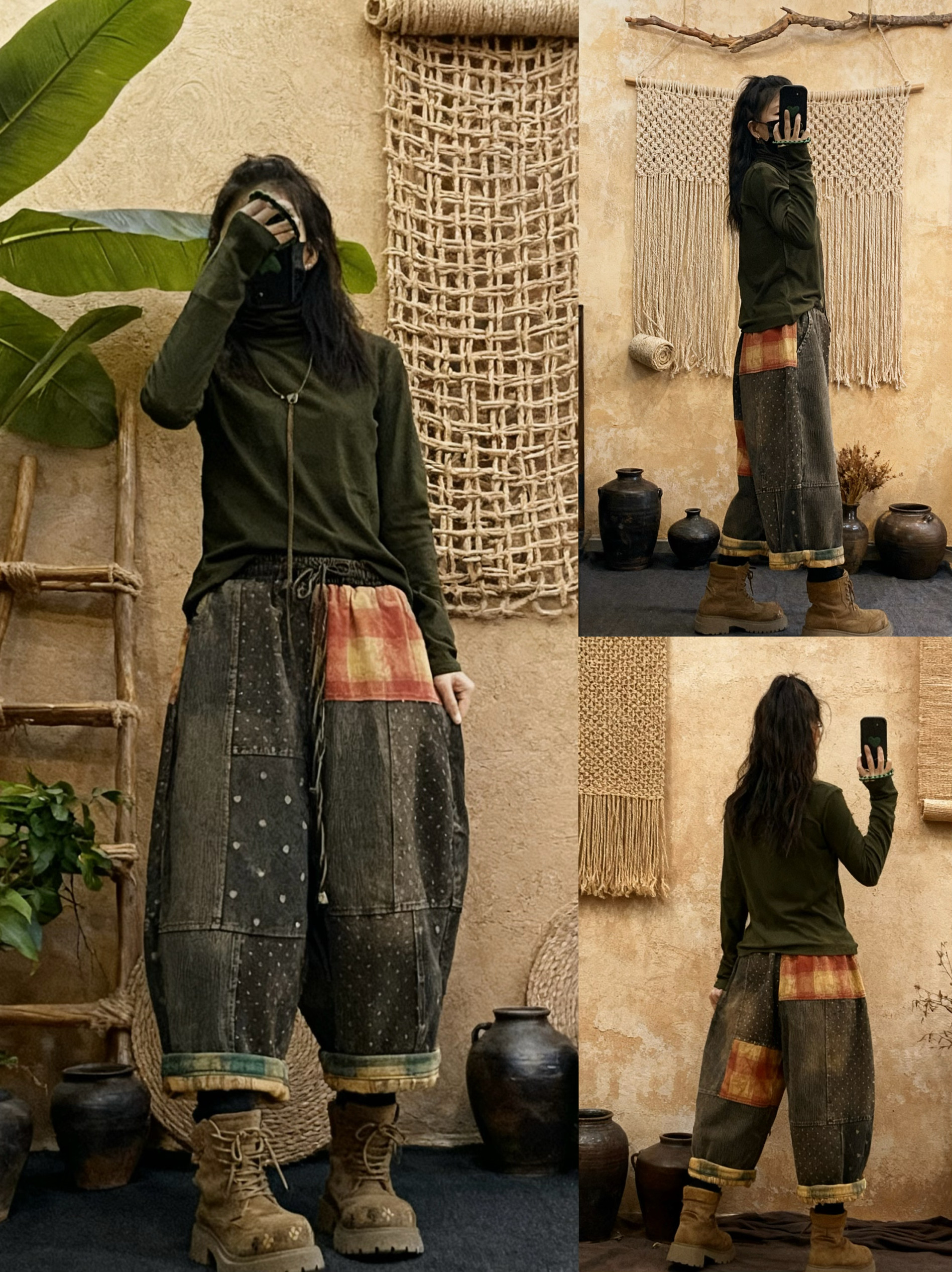 复古做旧加里布拼接牛仔阔腿裤女冬季新款宽松个性撞色直筒八分裤