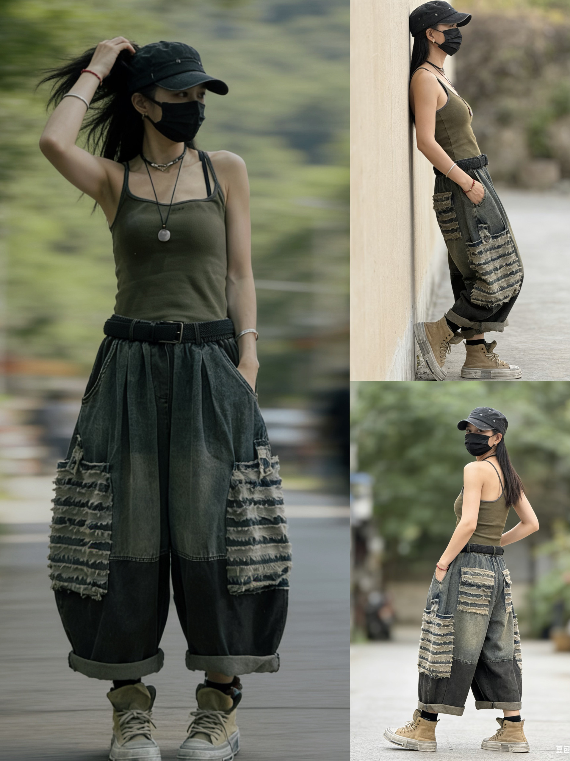 原创复古做旧工装牛仔裤女 夏季新款宽松个性拼接撞色九分阔腿裤