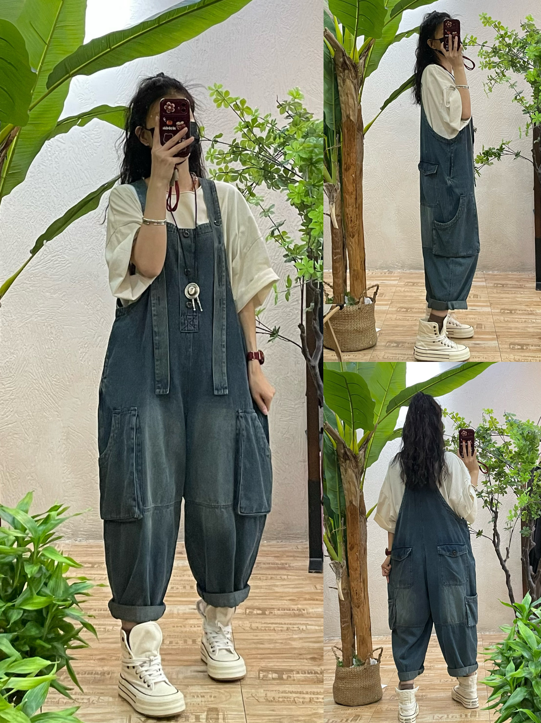 复古做旧牛仔背带裤女2025夏季新款宽松显瘦韩版休闲九分哈伦裤潮