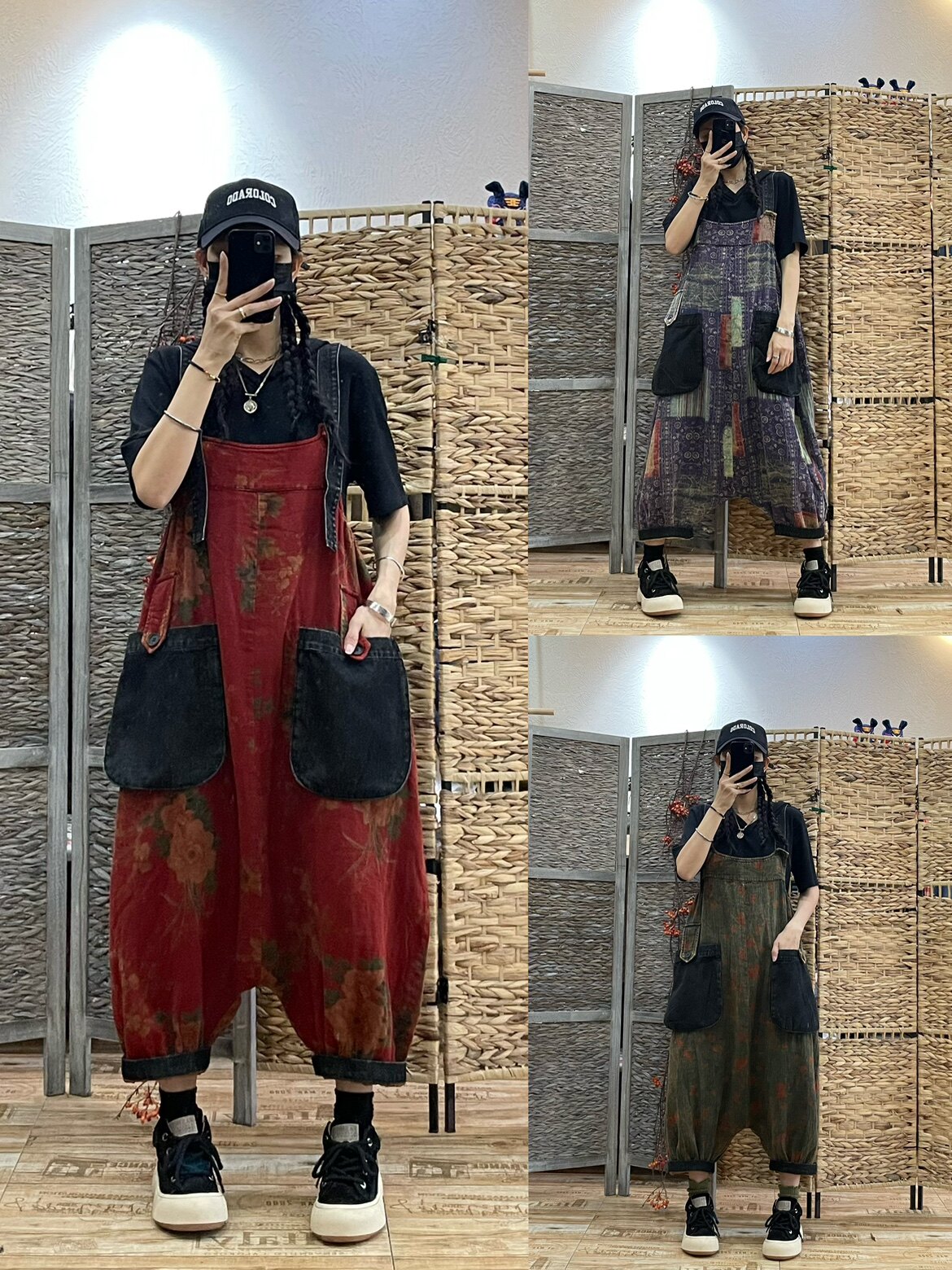 复古印花棉麻背带裤女2024春秋新款民族风大口袋宽松个性连体垮裤