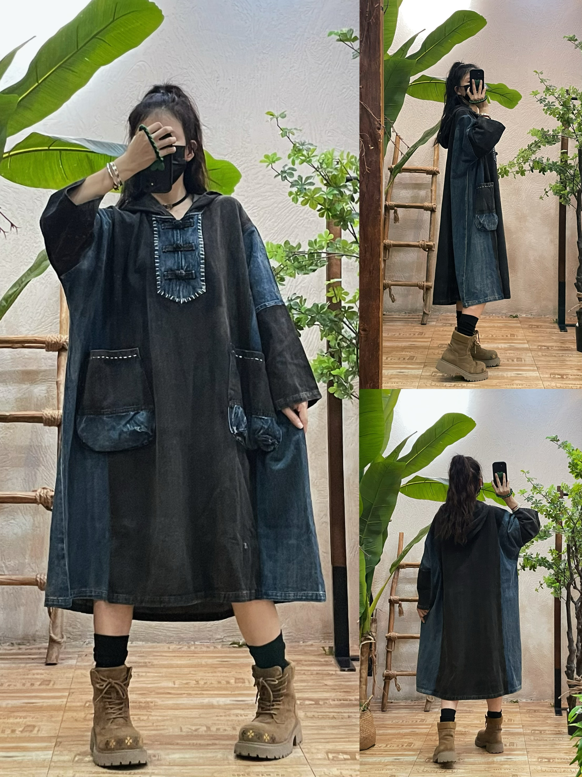 复古盘扣撞色大口袋牛仔连衣裙女春秋新款宽松个性连帽中长款裙子