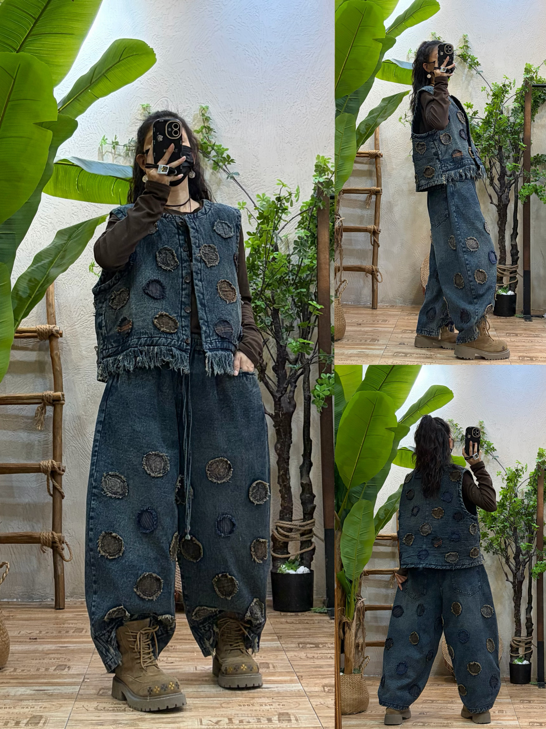 复古贴布做旧加棉牛仔马甲+哈伦裤两件套女冬季新款宽松个性套装