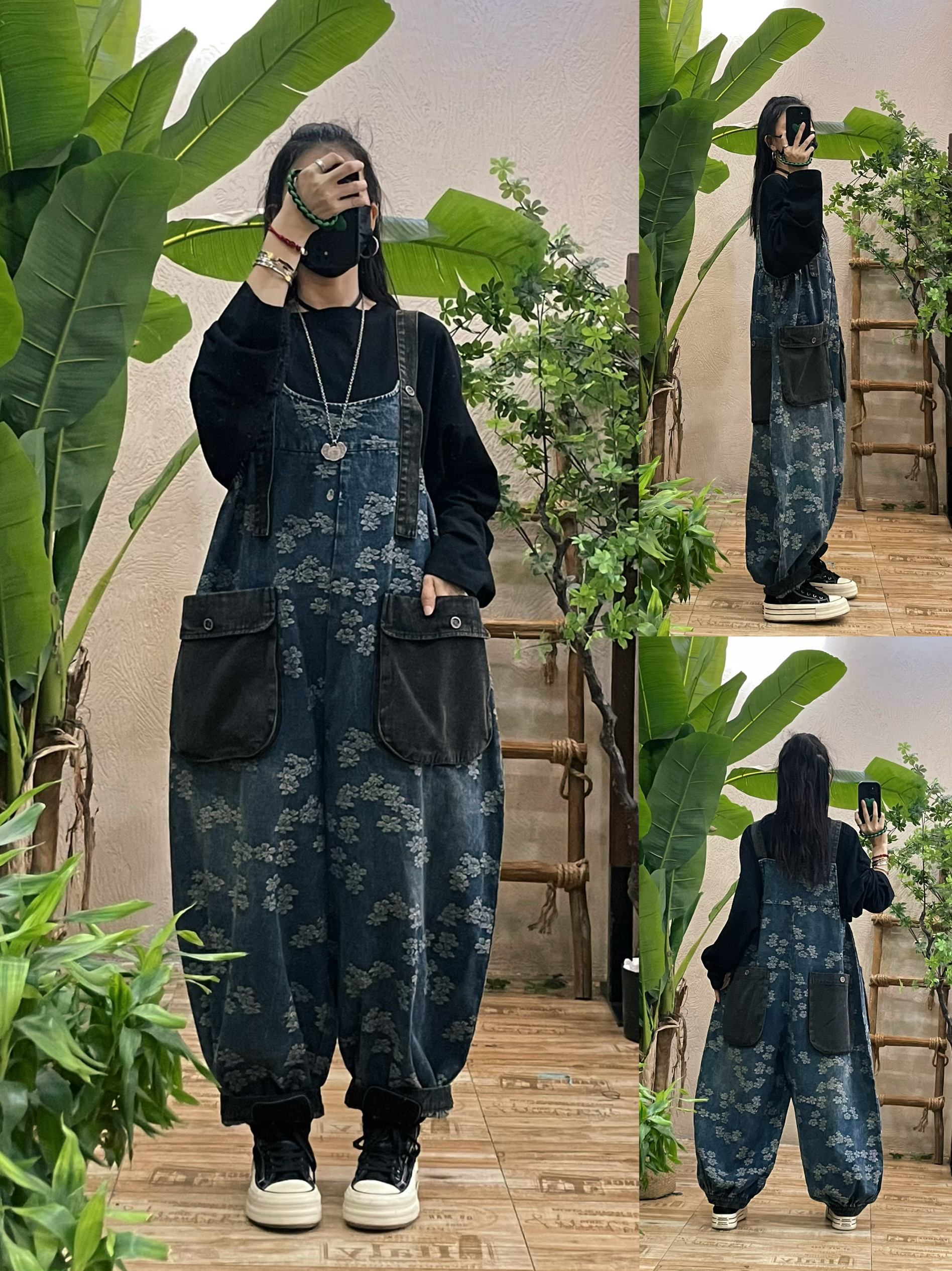 复古时髦绣花牛仔背带裤女2025秋季新款宽松吊带连体裤阔腿长裤潮