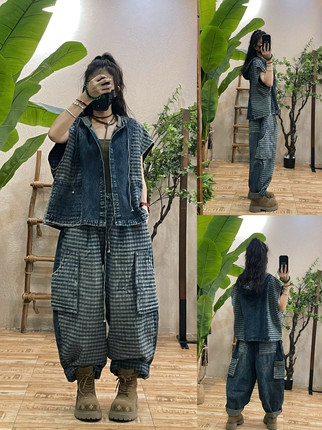 原创复古做旧格子牛仔马甲套装女秋季新款宽松文艺休闲工装两件套