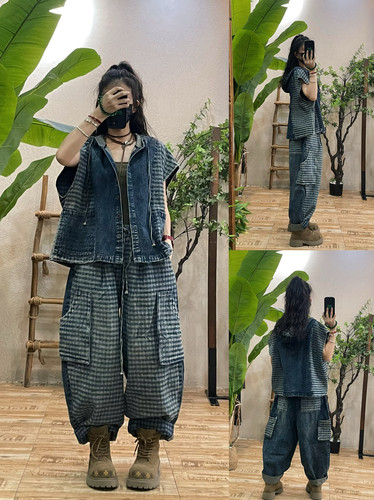 原创复古做旧格子牛仔马甲套装女秋季新款宽松文艺休闲工装两件套