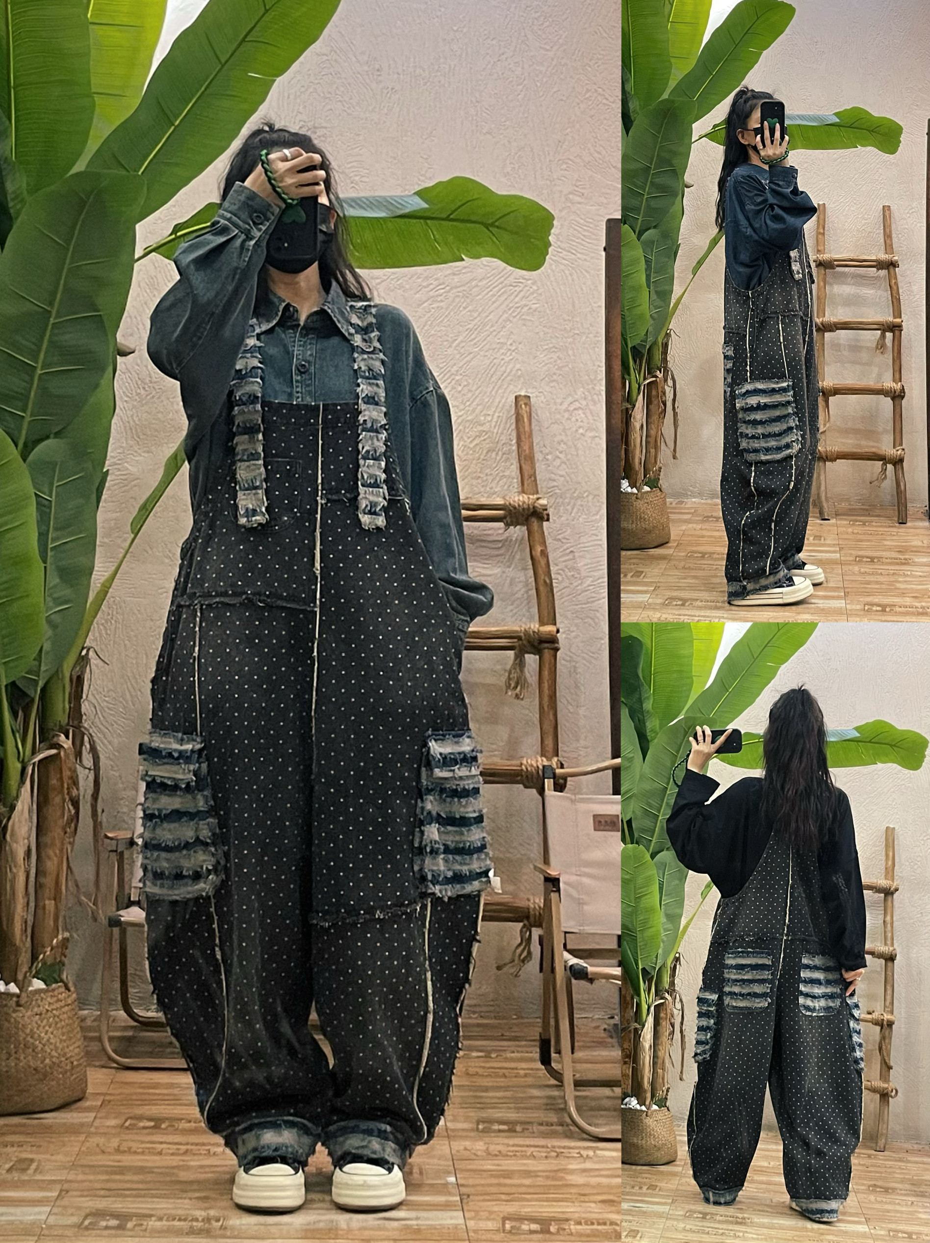 复古拼接波点印花牛仔背带裤女2025秋季新款休闲个性宽松连体长裤,女装/女士精品,连体衣/裤,淘宝优惠券,粉丝福利购,淘宝优惠卷