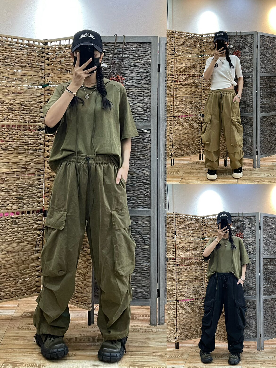 美式复古口袋抽绳束脚工装裤女 2024春季新款宽松休闲运动直筒裤