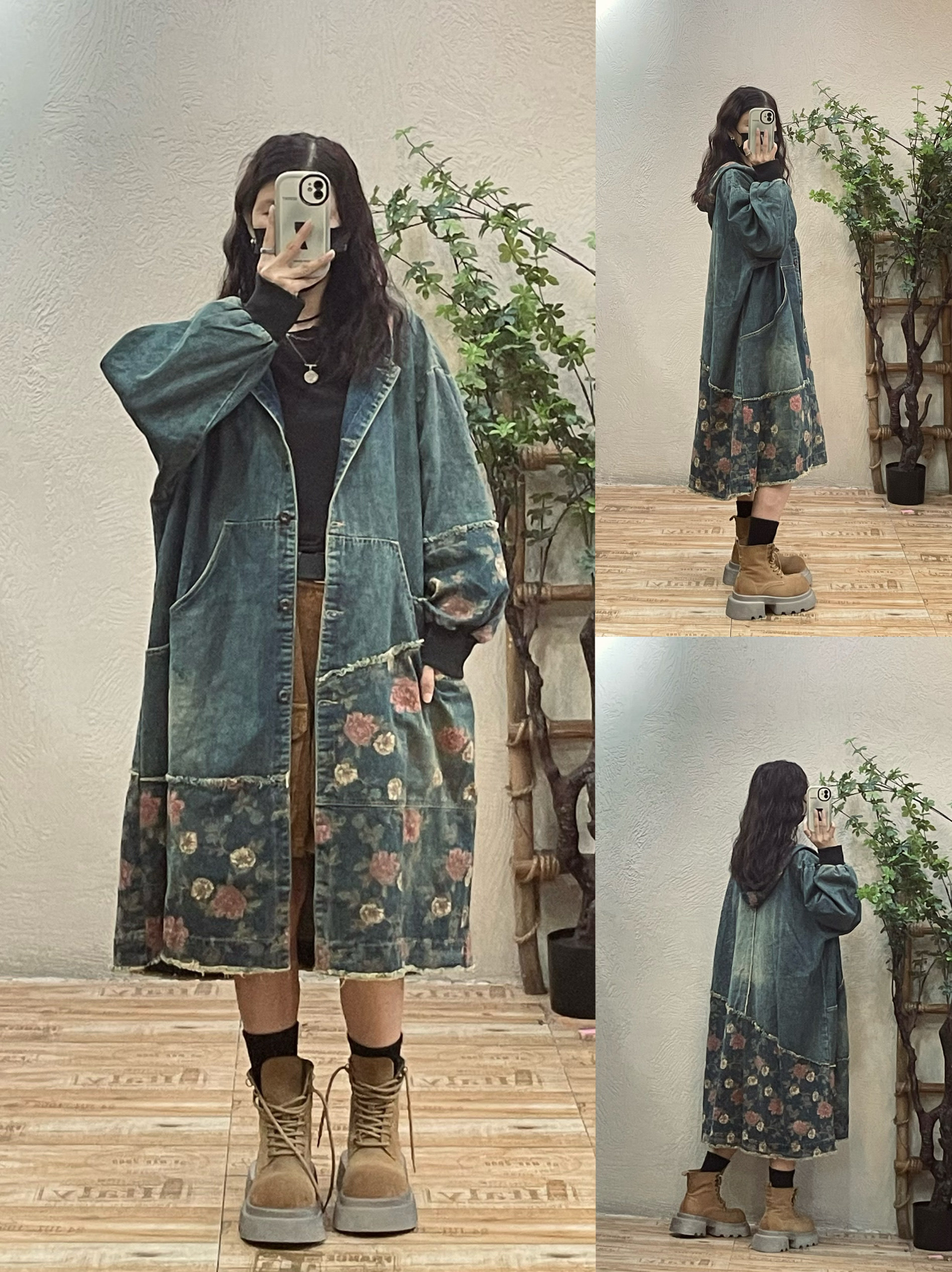 复古印花拼接牛仔外套女春秋新款宽松大码时尚中长款气质显瘦风衣