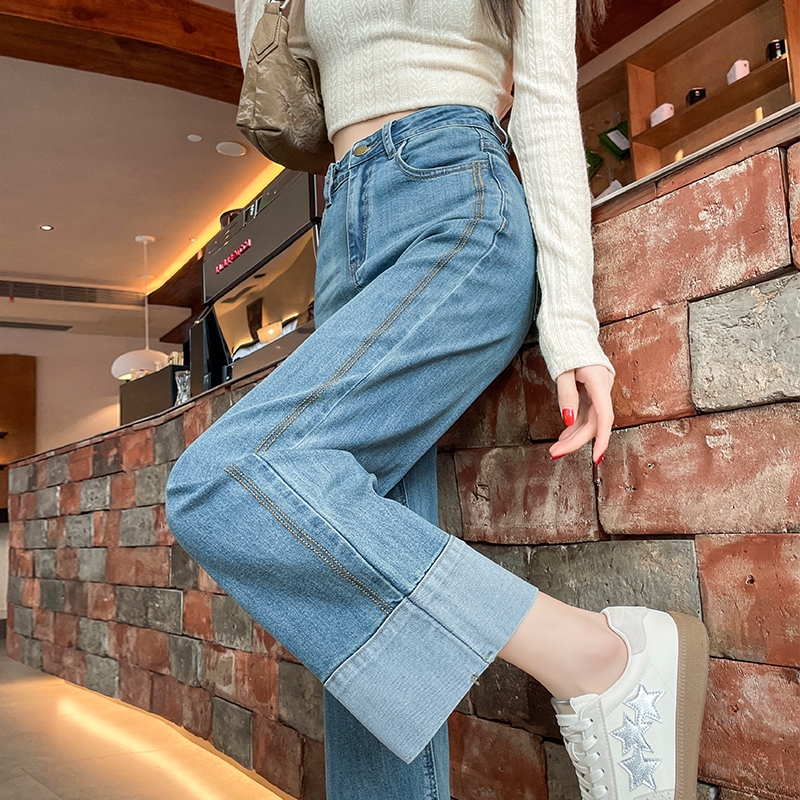 复古拼接烟管牛仔裤女2025年春秋季新款小个子九分弹力奶奶直筒裤