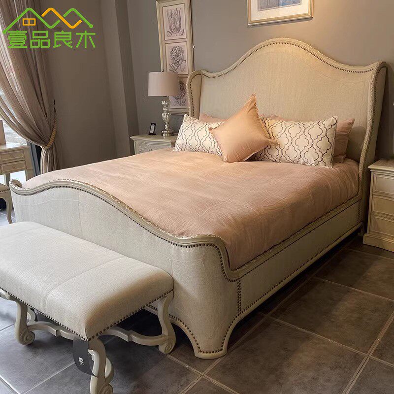 美式ART夏图实木雕花耳翼双人床实木家具欧式复古 大床法式布艺床