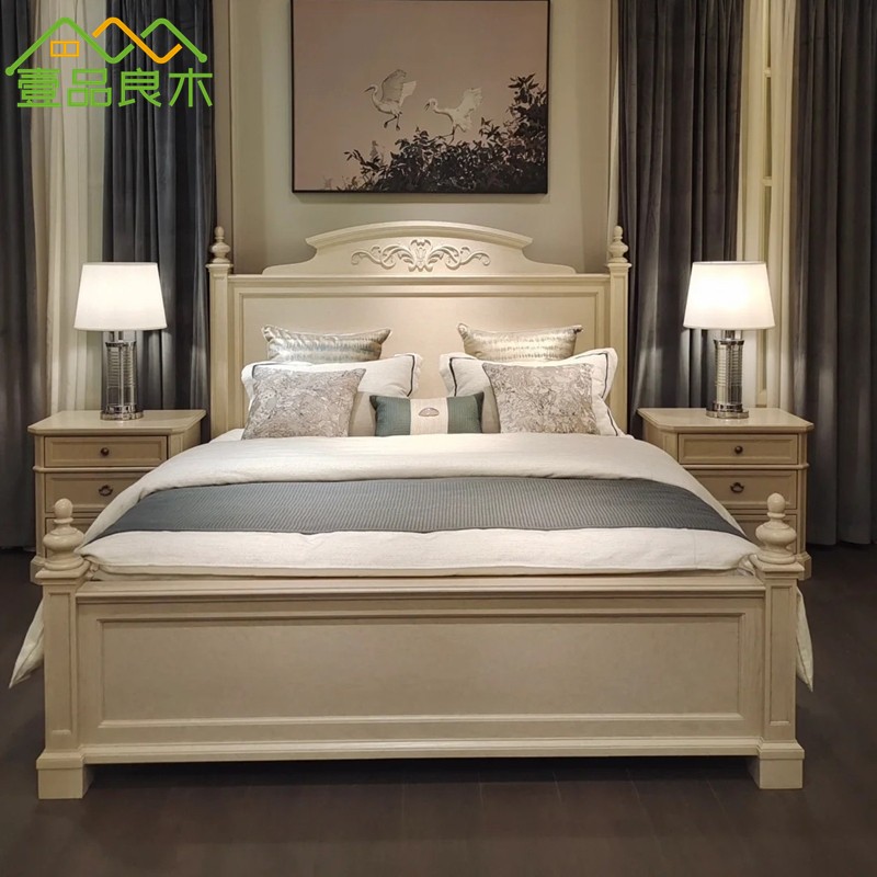 现货北美美式之家实木床1.8米双人床女王系列雕花罗马柱公主床