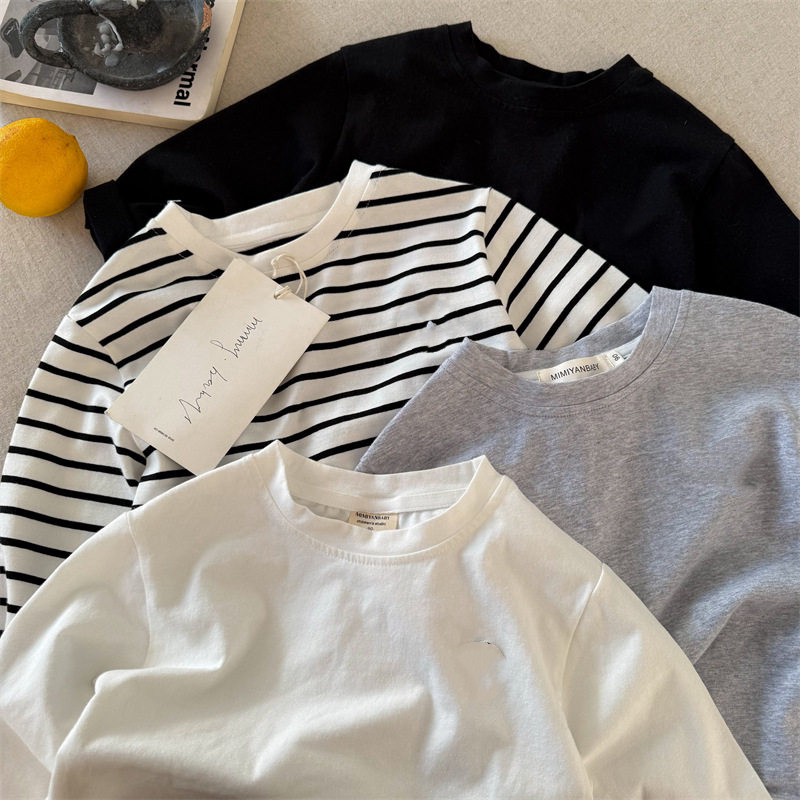 男童长袖打底衫条纹内搭刺绣宝宝纯棉T恤薄款26春儿童圆领T恤弹力