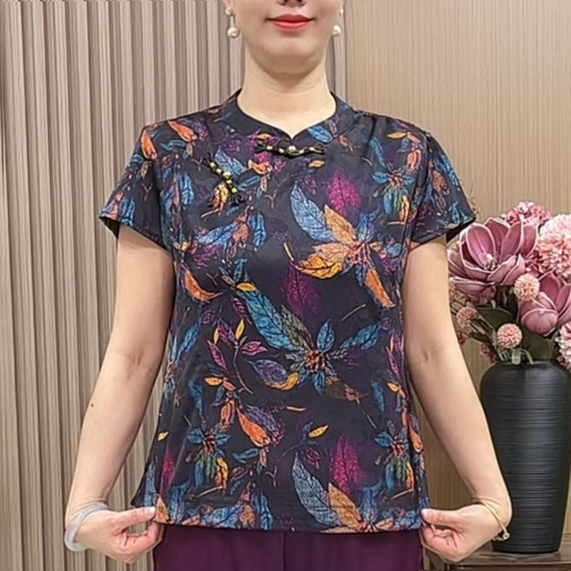 妈妈夏装新中式气质小衫中年女装夏季复古立领斜襟中国风上衣