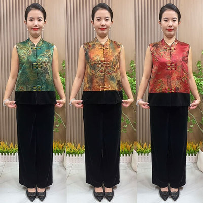 中老年妈妈装国风缎面马甲