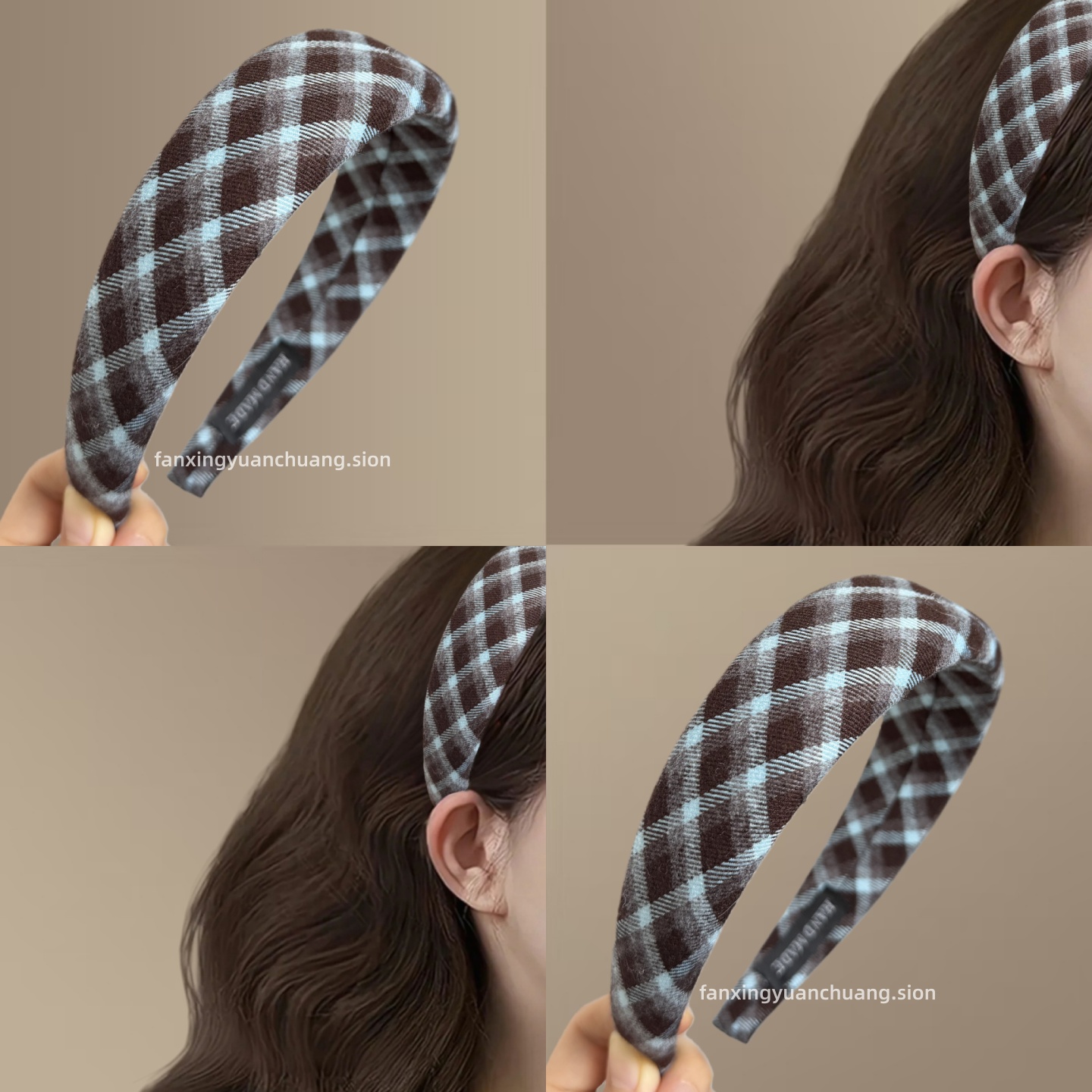 学院风复古蓝咖格纹发箍