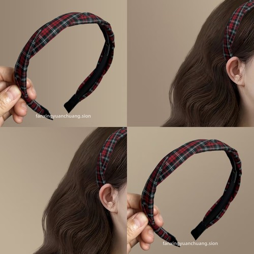 学院风复古格纹宽边方扣发箍