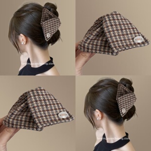 小香风毛呢格纹三角抓夹气质发夹复古鲨鱼夹旅行发卡 胡桃手信