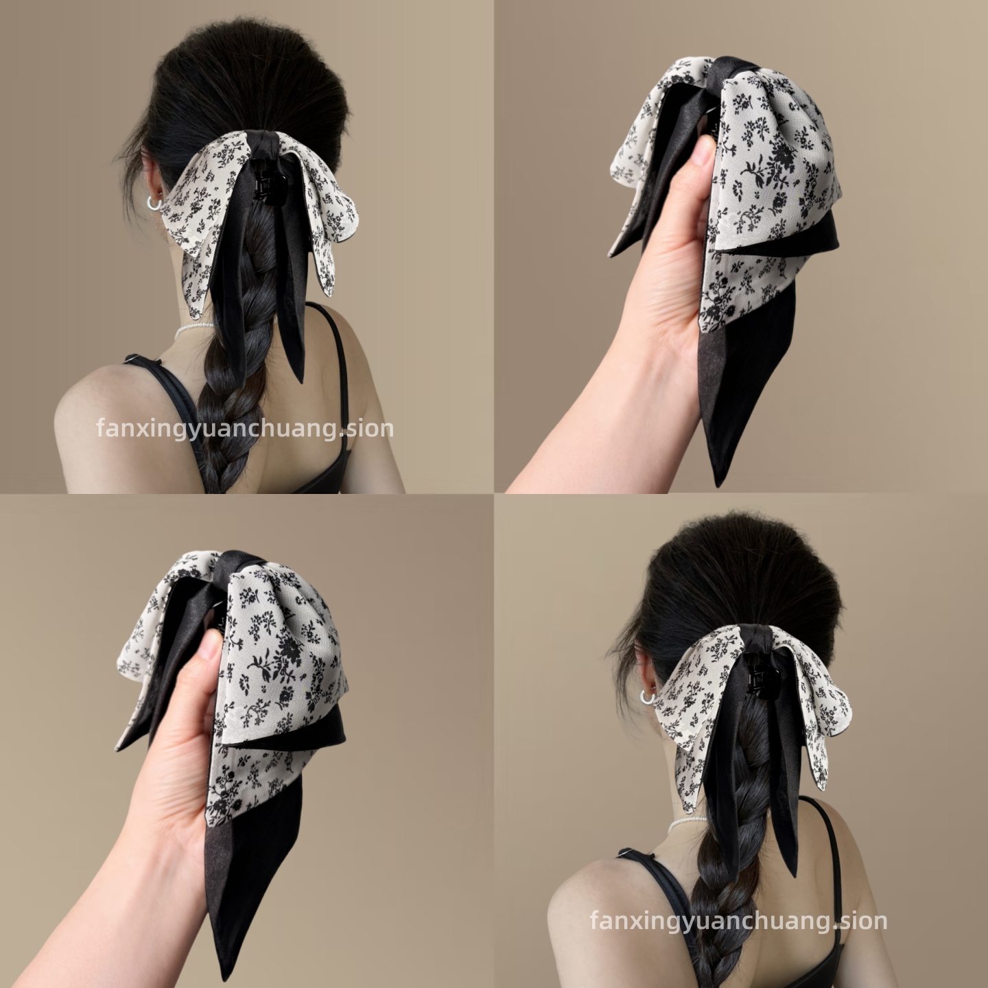 新中式国风缎面蝴蝶结马尾夹百搭碎花抓夹高级感气质优雅复古发夹