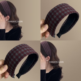 【胭脂梦里】复古格纹发箍质感海绵宽头箍百搭气质高颅顶旅行发卡