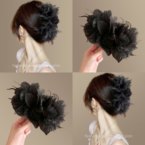 复古新中式黑色羽毛大号抓夹