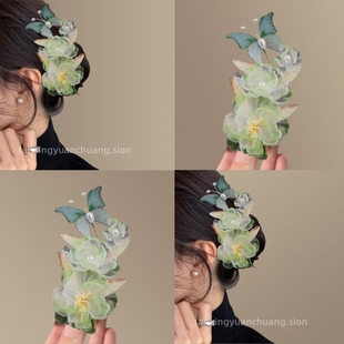 古风汉服甜美绿色绢纱烫花花朵发夹对夹百搭新中式国风仙气边夹