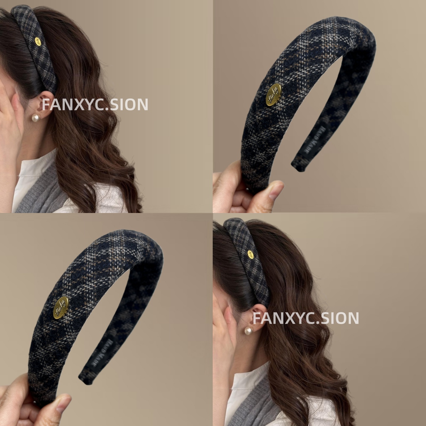 韩国富家千金咖格纹发箍女