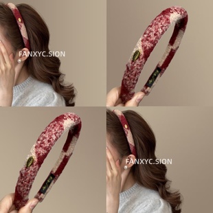 【沐光而行】新年金标格纹红色发箍时尚高颅顶头箍本命年旅行发卡