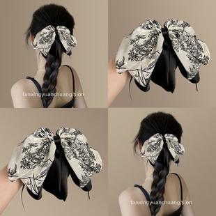 新中式水墨花卉印花网纱马尾夹复古半扎发抓夹旅行发卡流苏发夹女