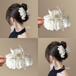云朵泡泡袖高级感超显气质抓夹白色中号欧根纱丝带蝴蝶结发夹女