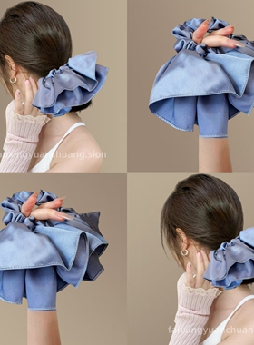 韩系双层纯色超大蓝色裙摆简约发圈新款高级感大肠圈发绳百搭头绳