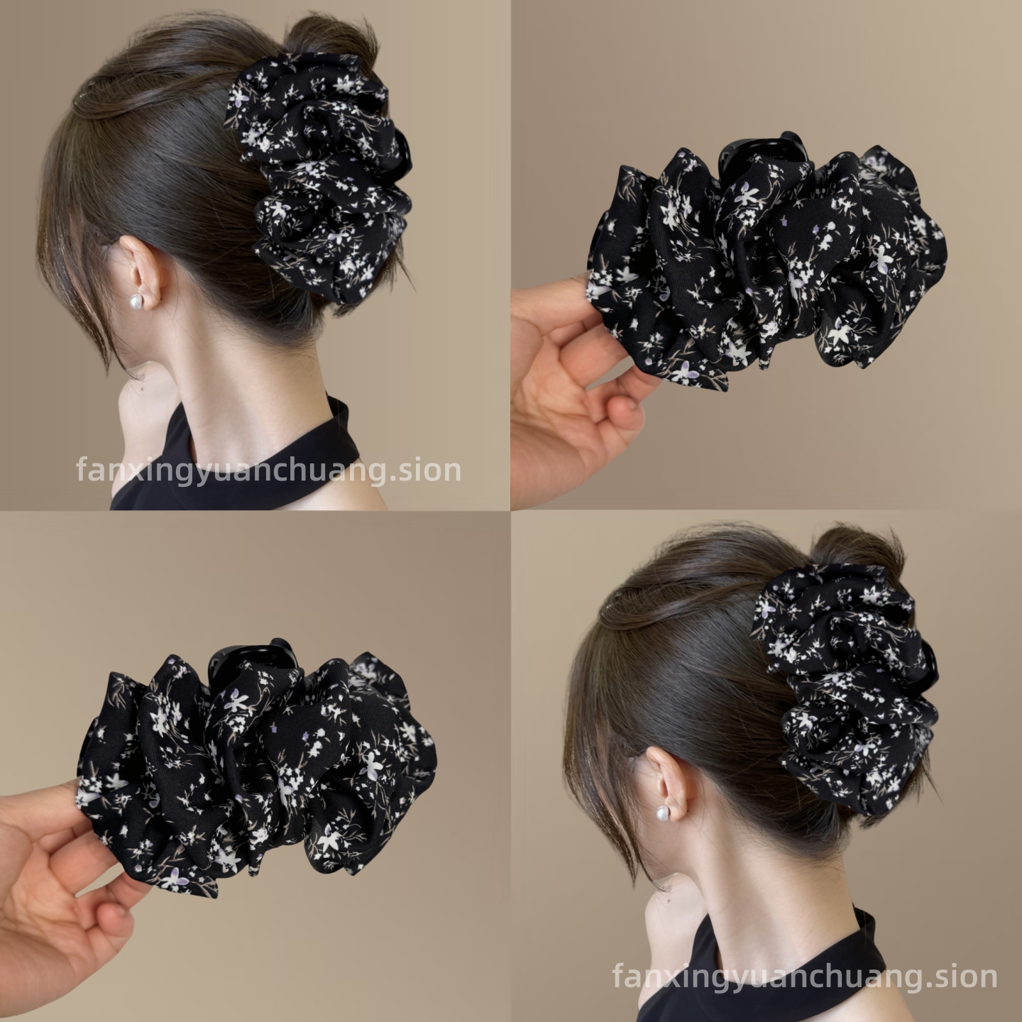 新中式复古云朵泡泡袖大号发量多抓夹气质国风发夹百搭碎花鲨鱼夹