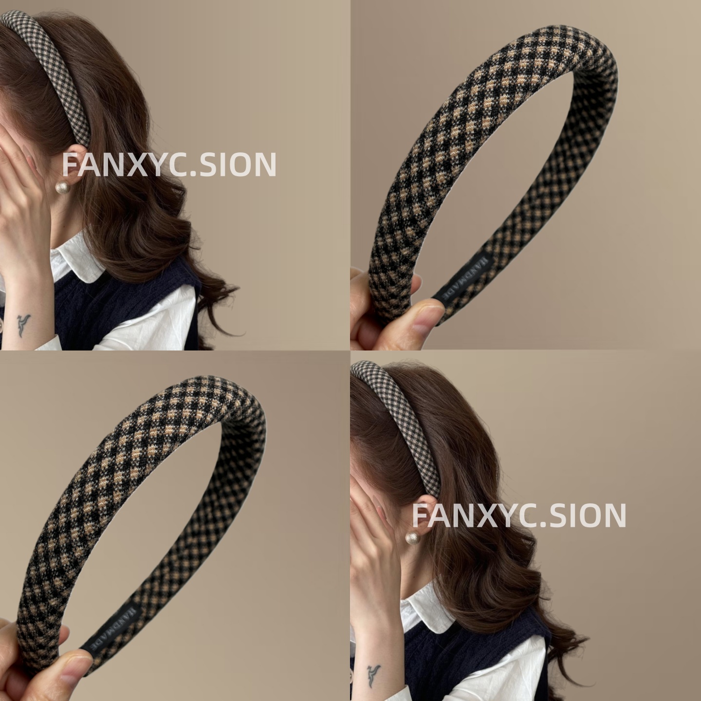 早秋复古格纹布艺海绵发箍