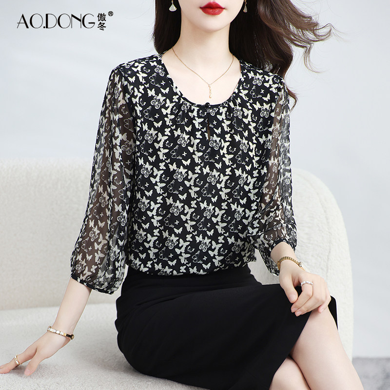 新款真丝上衣女七分袖蝴蝶印花桑蚕丝透气小衫收腰显瘦温柔T恤夏