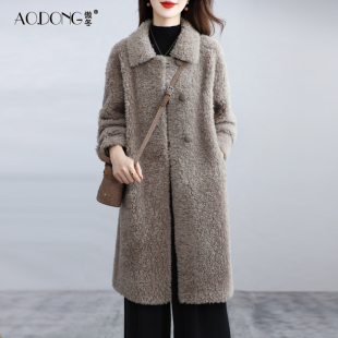 颗粒绒皮草外套女中长款羊剪绒翻领休闲加厚保暖妈妈羊羔毛大衣冬