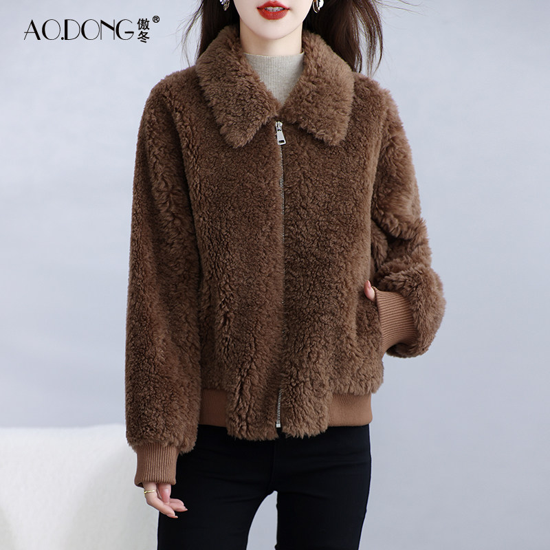海宁颗粒绒皮草外套女短款棒球服保暖时尚加厚减龄羊羔毛大衣冬季