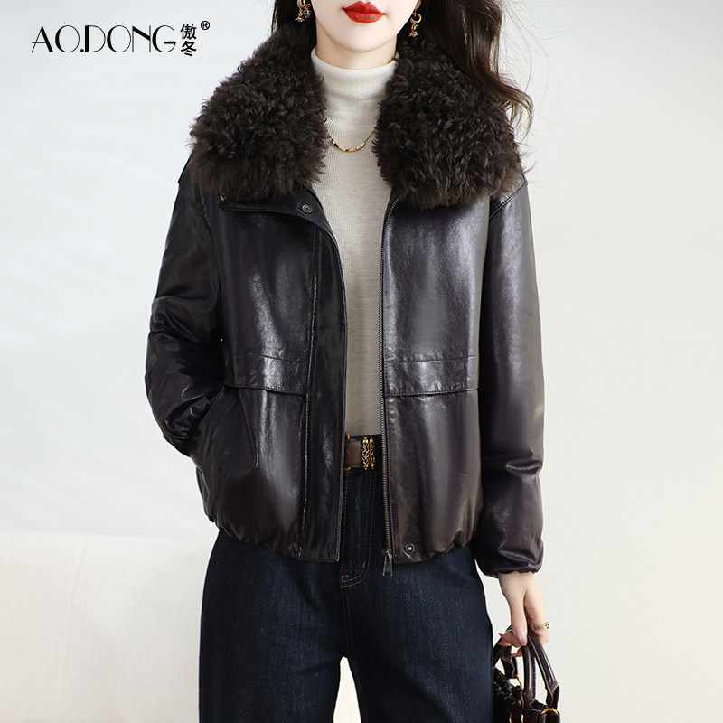 真皮皮衣女短款高级感绵羊皮羽绒服小个子羊毛领保暖休闲外套冬季
