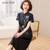 香云纱真丝连衣裙女桑蚕丝中老年妈妈改良旗袍新中式 印花裙子夏季