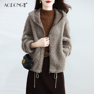颗粒绒皮草外套女短款 羊剪绒连帽简约减龄百搭保暖羊羔毛大衣冬季