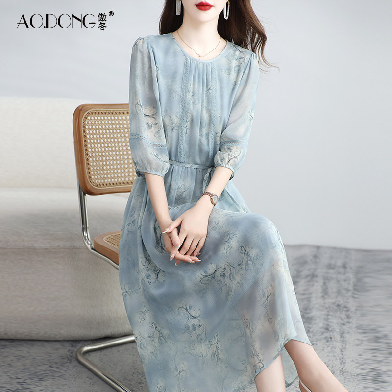 2026新款真丝连衣裙女甜美双层桑蚕丝透气妈妈温柔淡紫印花裙子夏
