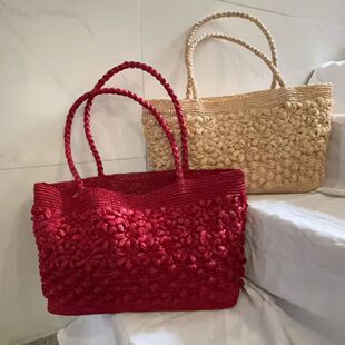 2026新款包法式复古度假ins博主同款水桶草编手风提单u肩花朵