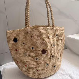 2025新款 拉菲草包波点蝴蝶结编织肩带单肩包大容量双面背包