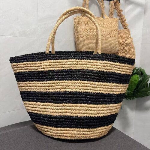 高品质拉菲草手提托特包女跨境条纹大容量手工编织包简约草编包