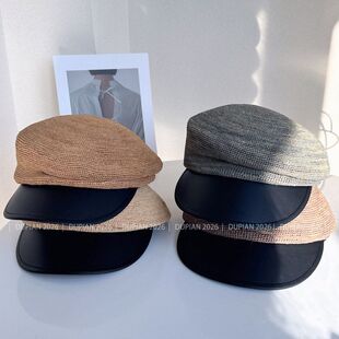 日本CA4鸭舌帽子女夏季出游防晒草帽手工钩针拉菲草拼接pu报童帽