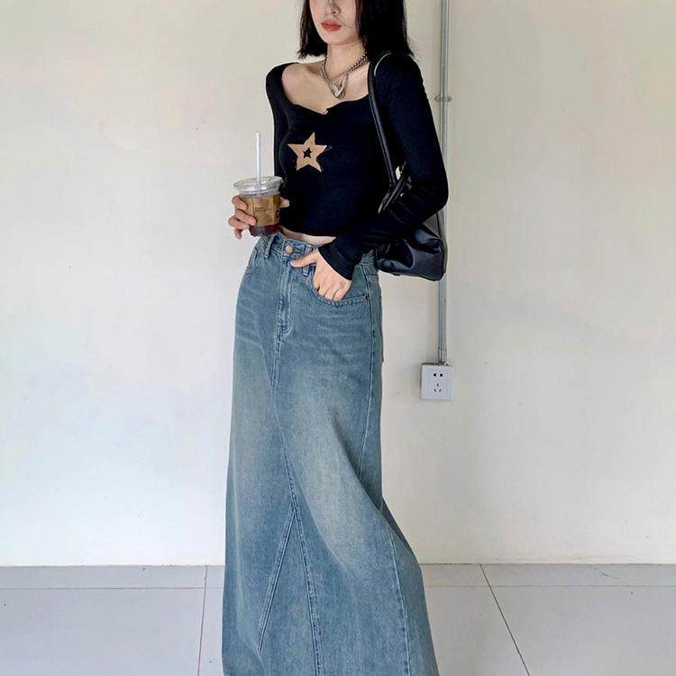 秋季拖地牛仔裙女长款加长裙子直筒半身裙长裙超长半裙女浅色春秋