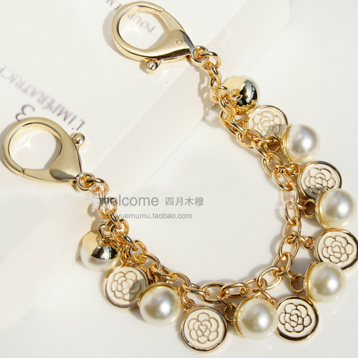 浅金米白山茶花朵白色滴胶包挂件链条 装饰链包饰链挂饰链