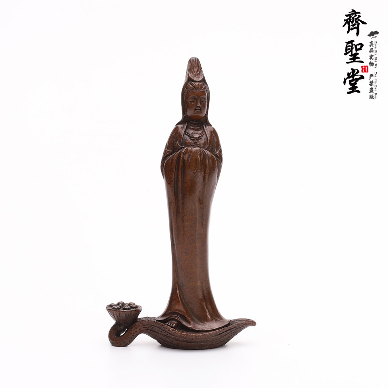 纯铜实心莲花站观音香插 紫铜观音菩萨摆件 回流文玩茶宠家用礼佛
