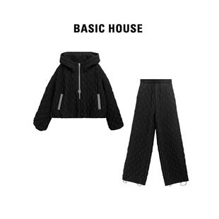 Basic House/百家好24秋冬新款设计师休闲百搭显瘦菱形格棉服套装