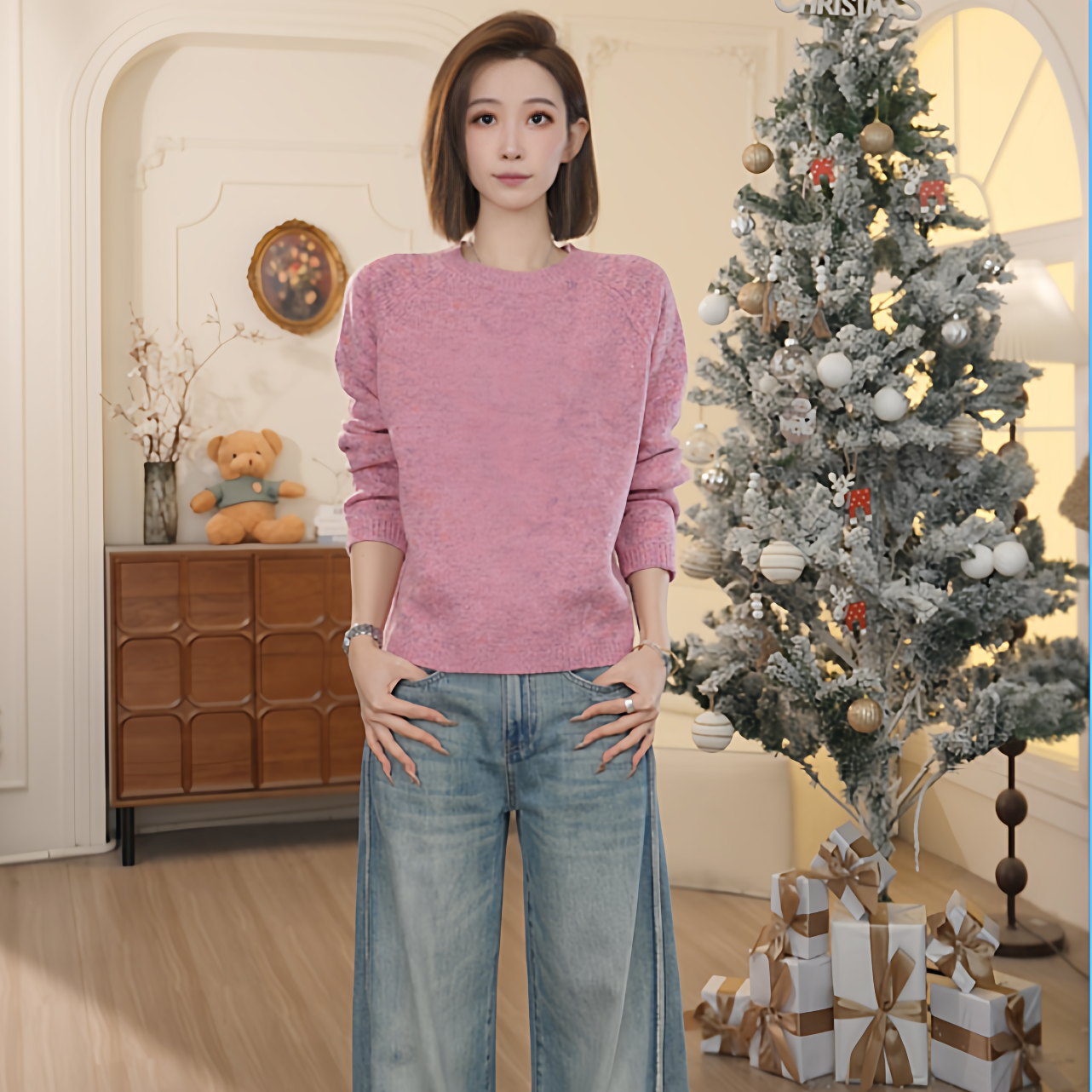 Basic House/百家好2026早春新款宽松亮丝百搭套头毛衣女NDR26